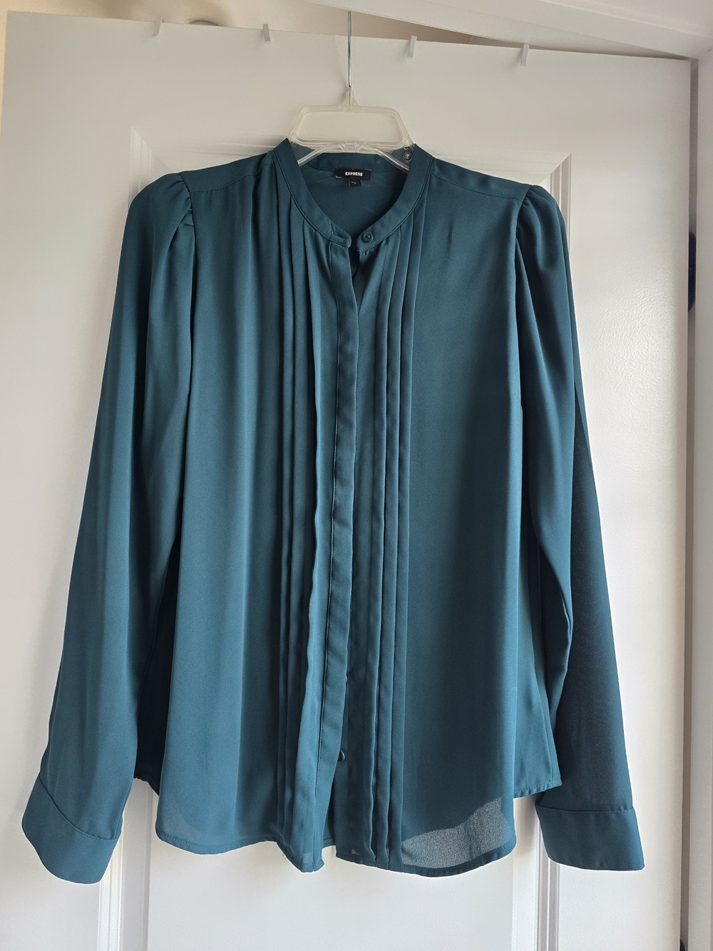 Express Teal Pintuck Front Long-Sleeve Blouse